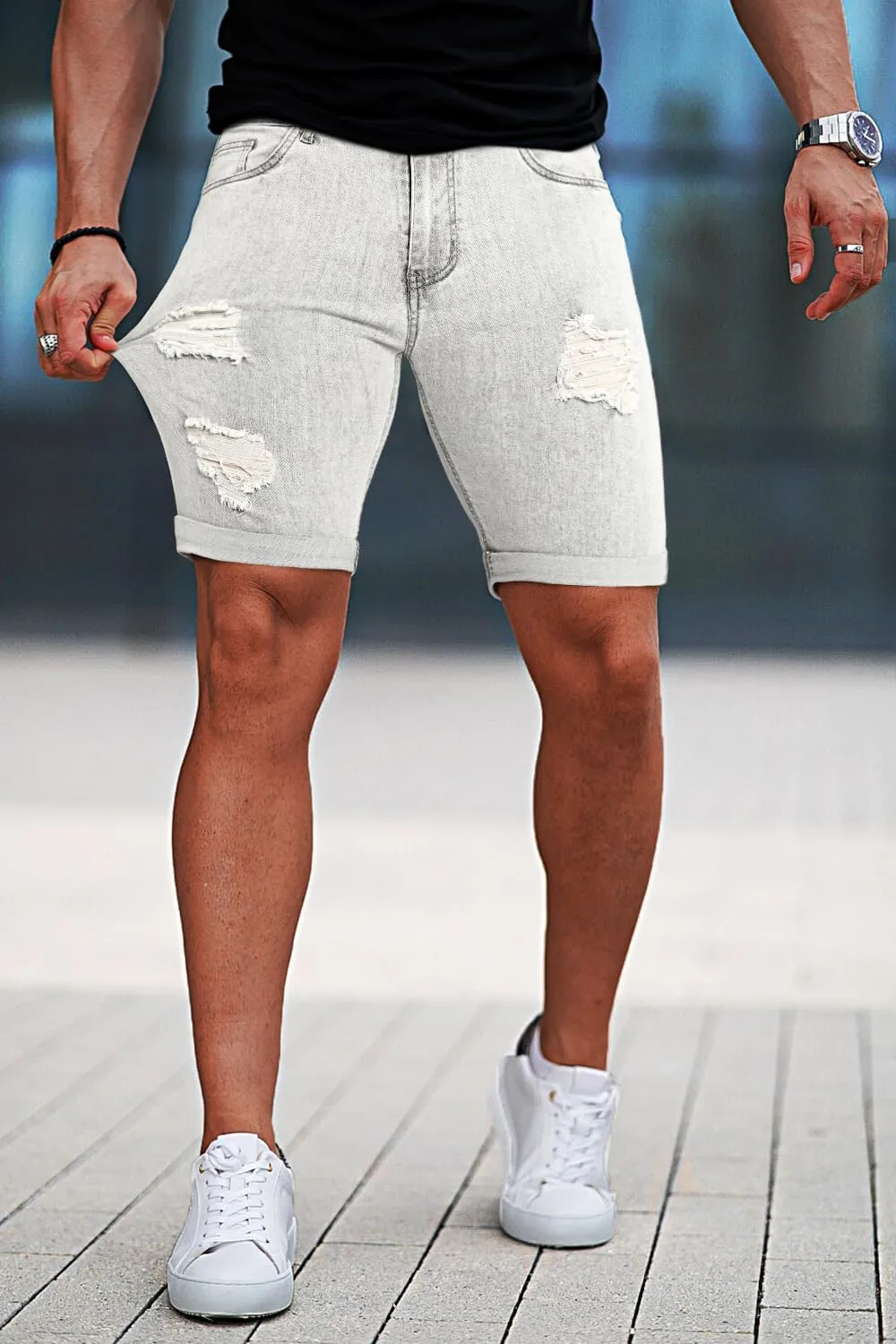 GINGTTO Mens Denim Shorts Ripped Skinny Stretch Jean Shorts Men