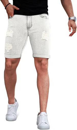 GINGTTO Mens Denim Shorts Ripped Skinny Stretch Jean Shorts Men