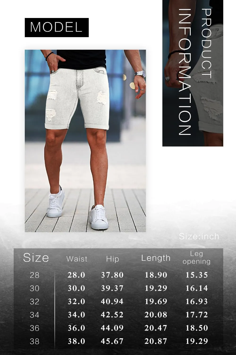 GINGTTO Mens Denim Shorts Ripped Skinny Stretch Jean Shorts Men