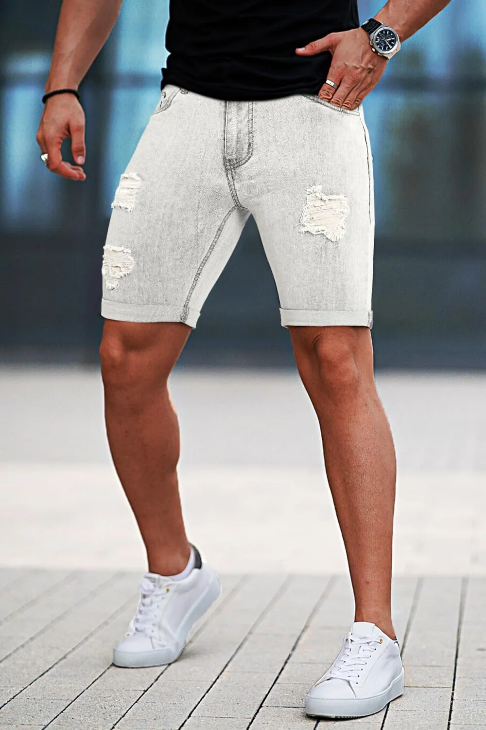 GINGTTO Mens Denim Shorts Ripped Skinny Stretch Jean Shorts Men