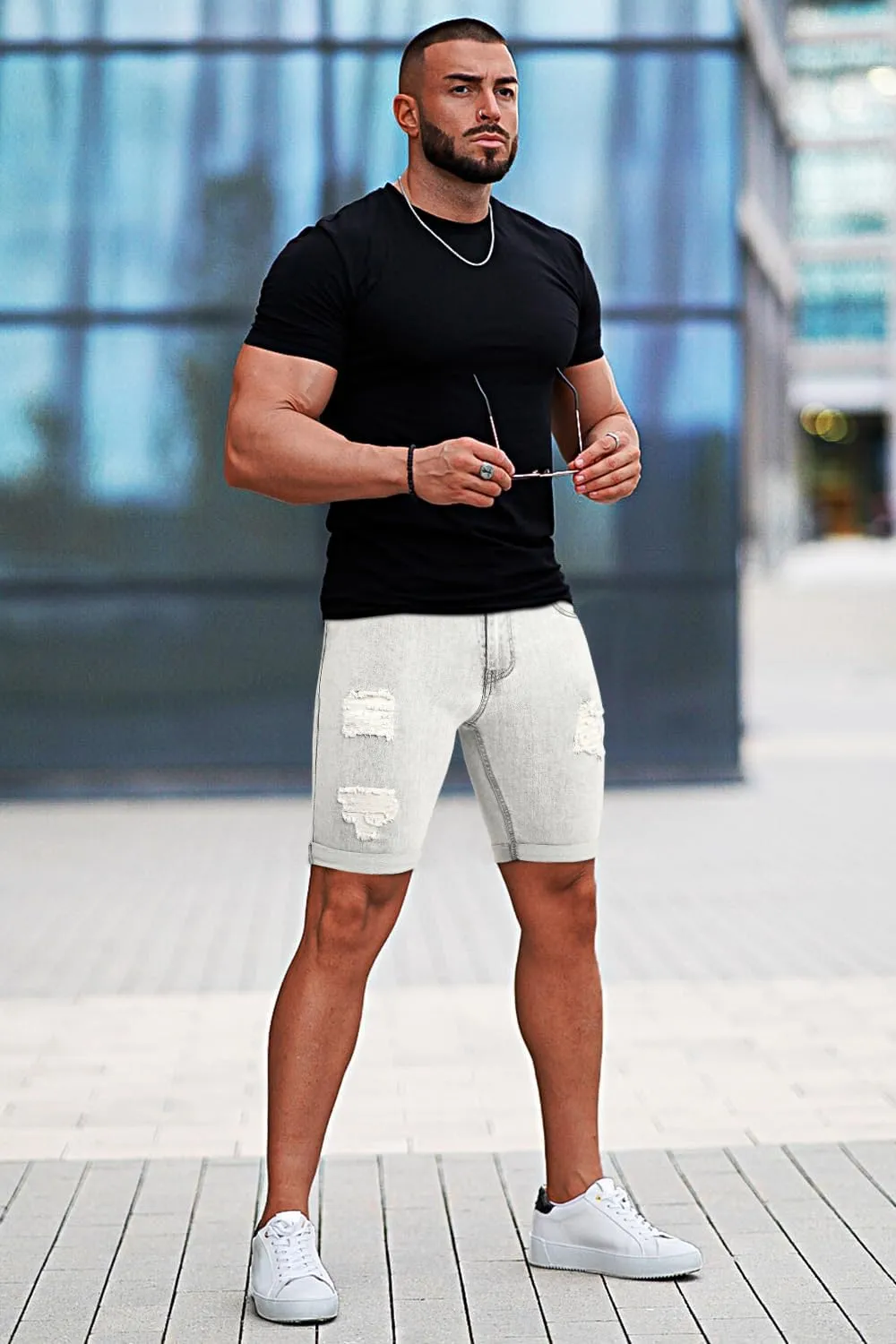 GINGTTO Mens Denim Shorts Ripped Skinny Stretch Jean Shorts Men