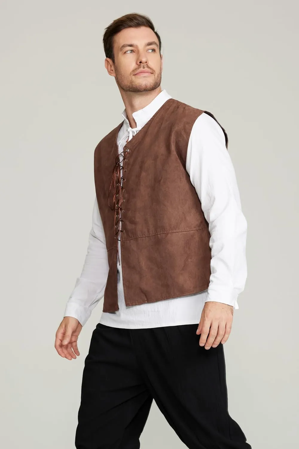 Gionforsy Men's Medieval Pirate Vest Long Sleeve Shirt Medieval Renaissance Costume lace up Vest Gothic Shirt