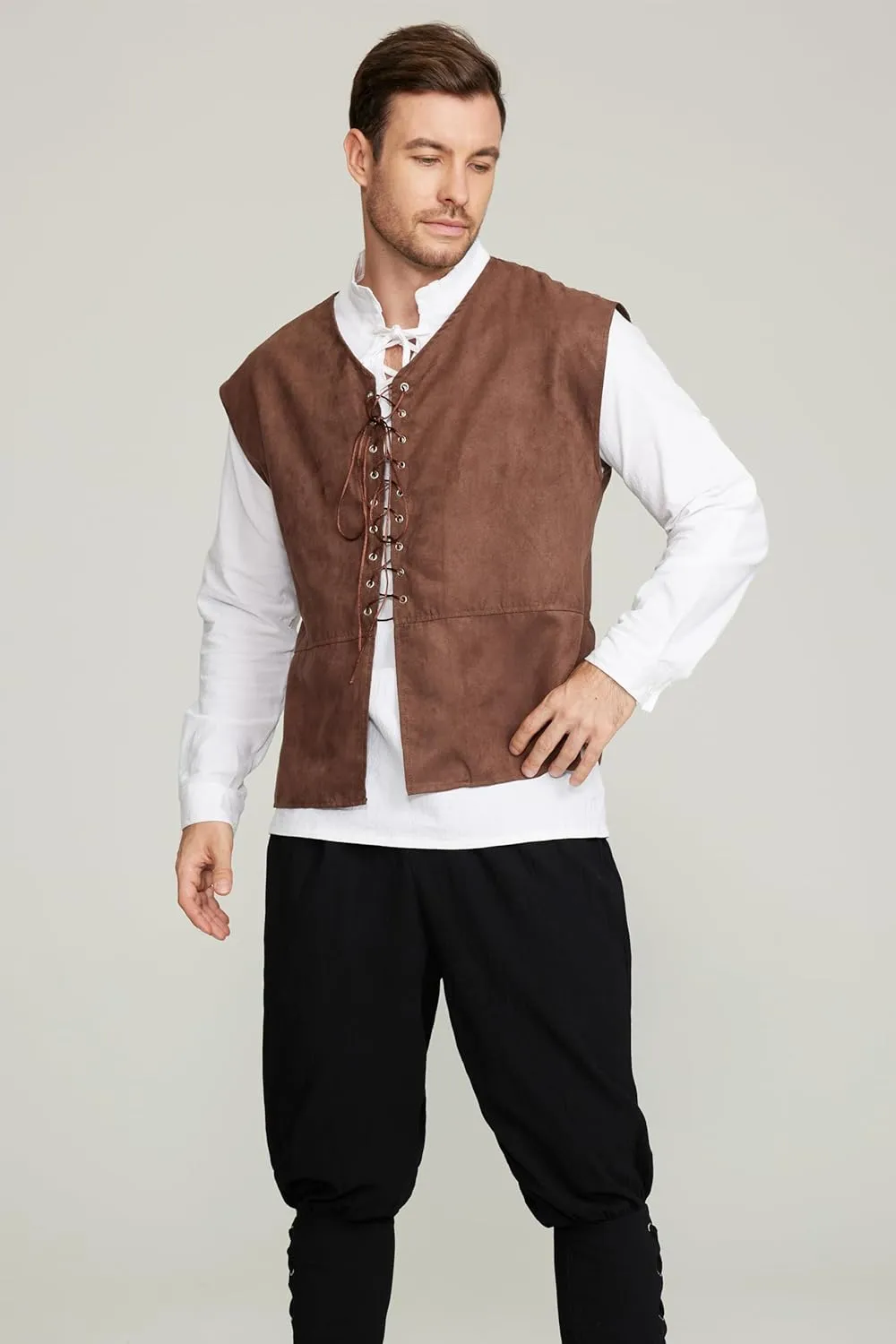 Gionforsy Men's Medieval Pirate Vest Long Sleeve Shirt Medieval Renaissance Costume lace up Vest Gothic Shirt