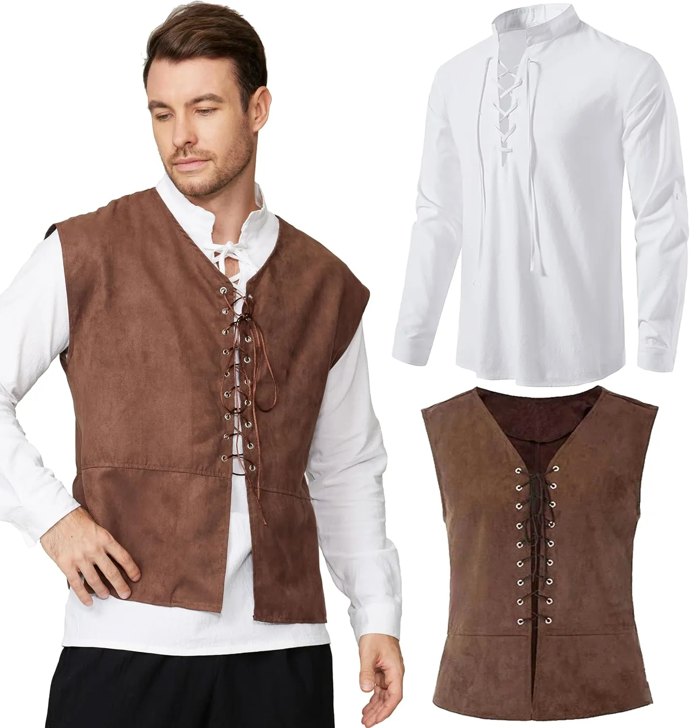 Gionforsy Men's Medieval Pirate Vest Long Sleeve Shirt Medieval Renaissance Costume lace up Vest Gothic Shirt