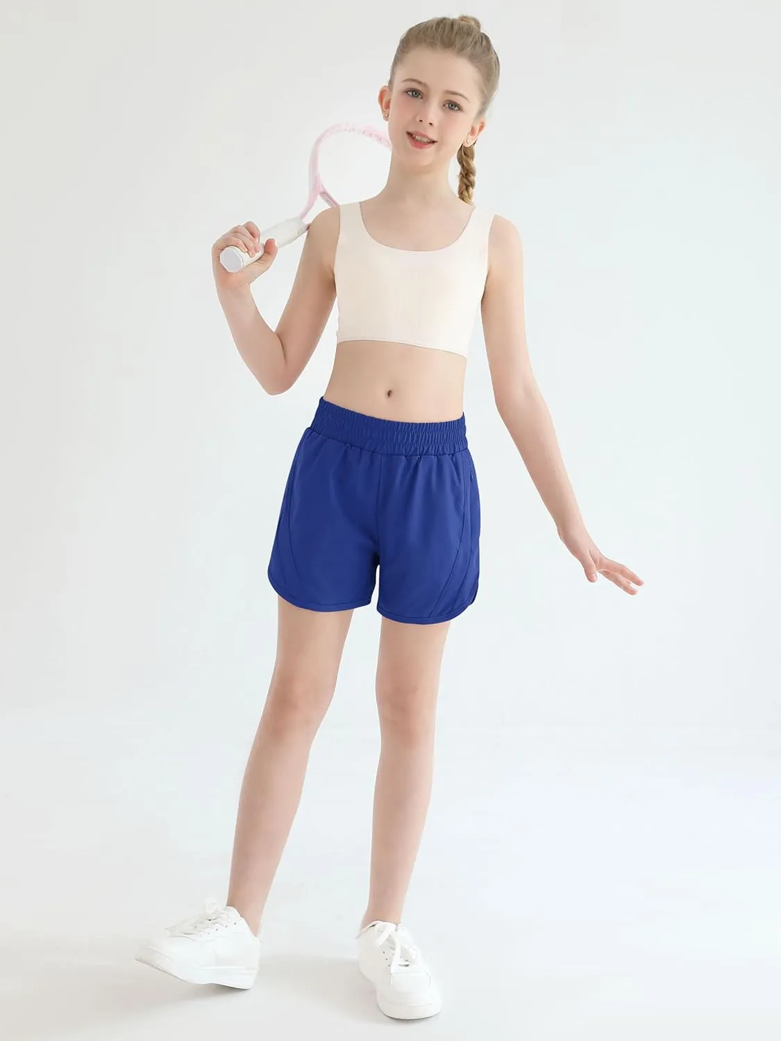 Girls Athletic Shorts Kids High Waisted Active Shorts with Zipper Pockets Running Sports Shorts for Teen Girls