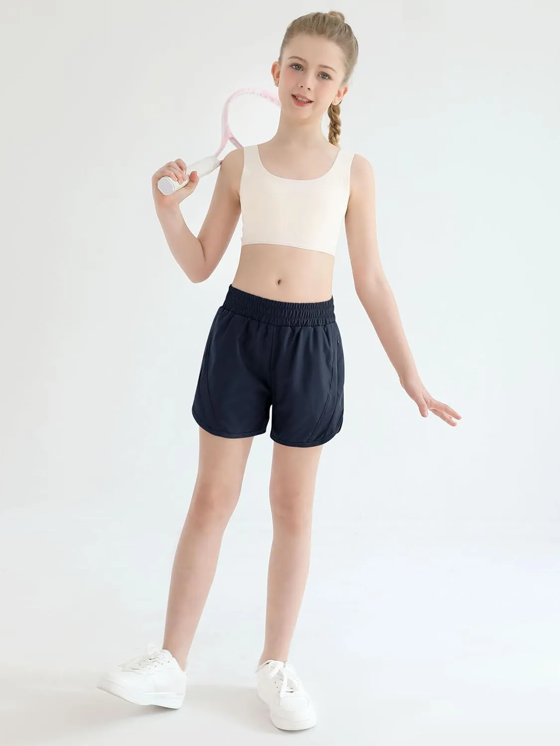 Girls Athletic Shorts Kids High Waisted Active Shorts with Zipper Pockets Running Sports Shorts for Teen Girls