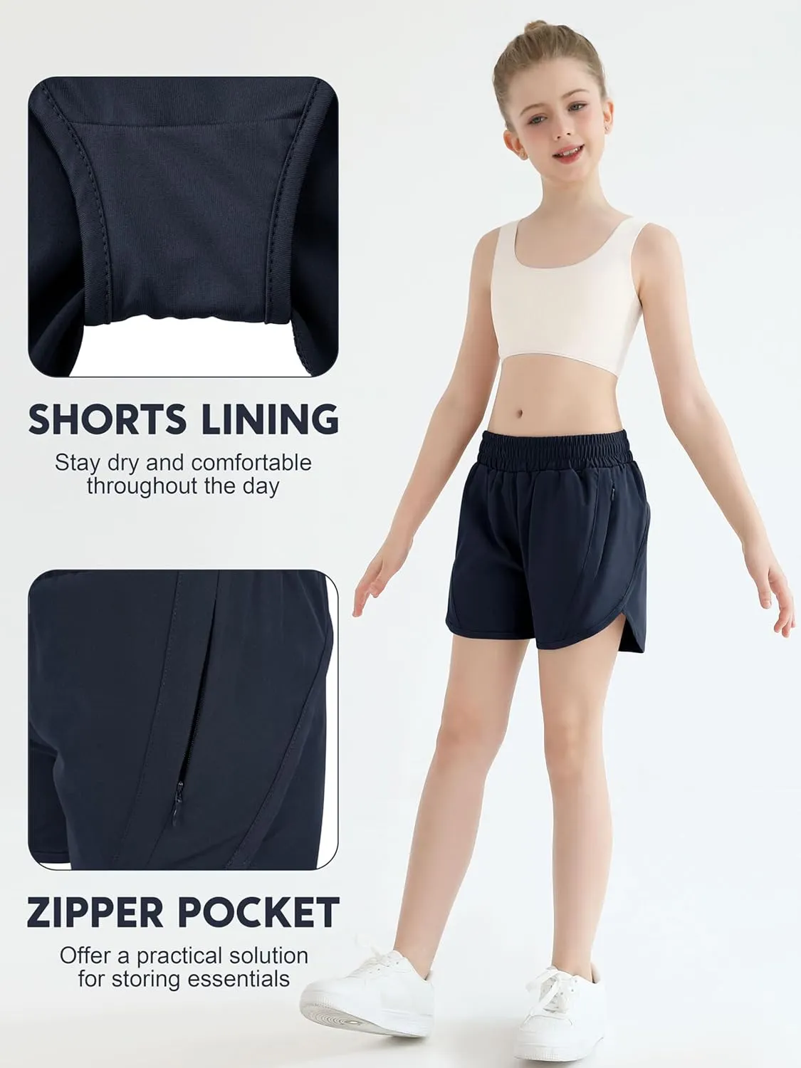 Girls Athletic Shorts Kids High Waisted Active Shorts with Zipper Pockets Running Sports Shorts for Teen Girls