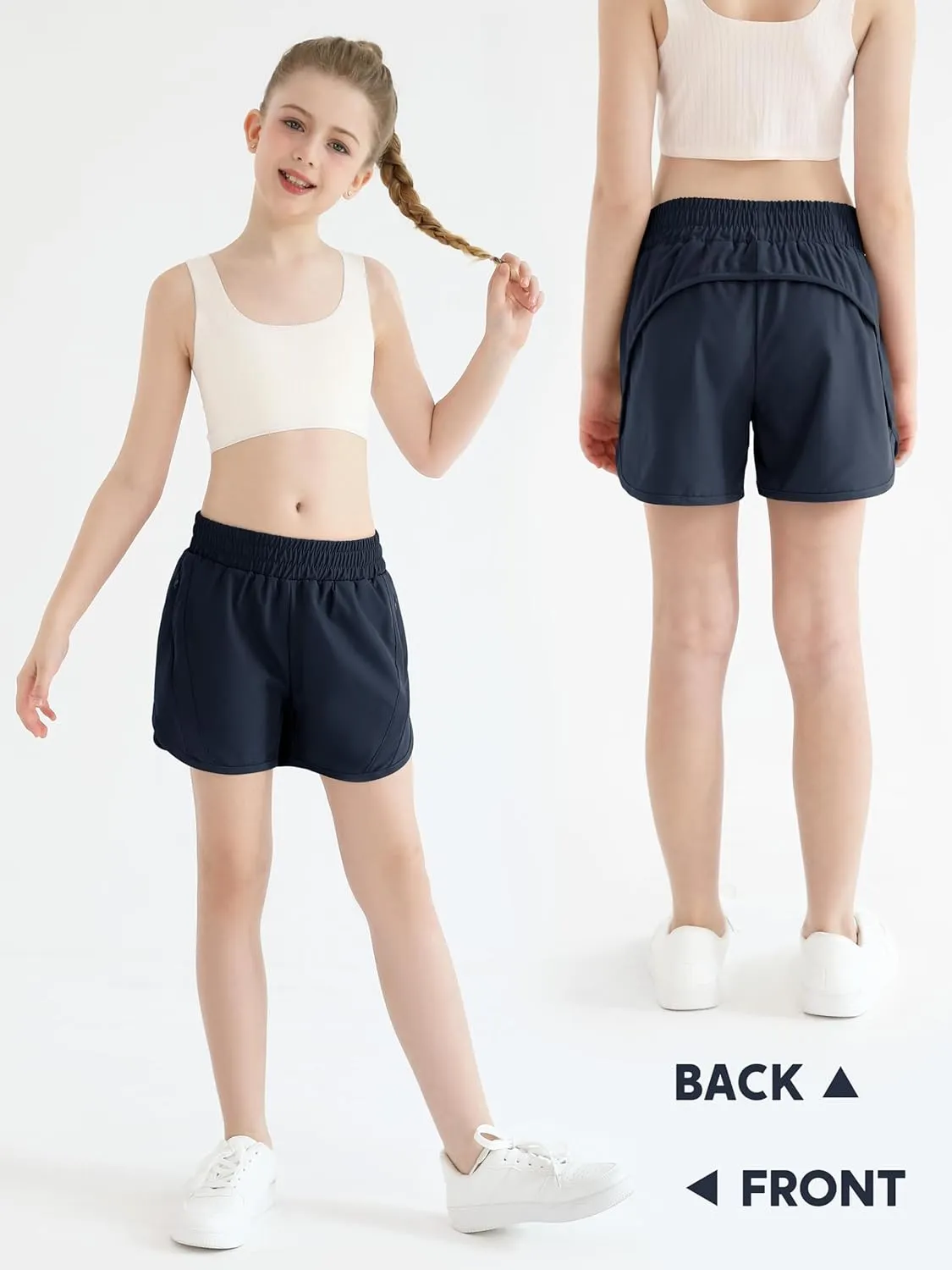 Girls Athletic Shorts Kids High Waisted Active Shorts with Zipper Pockets Running Sports Shorts for Teen Girls