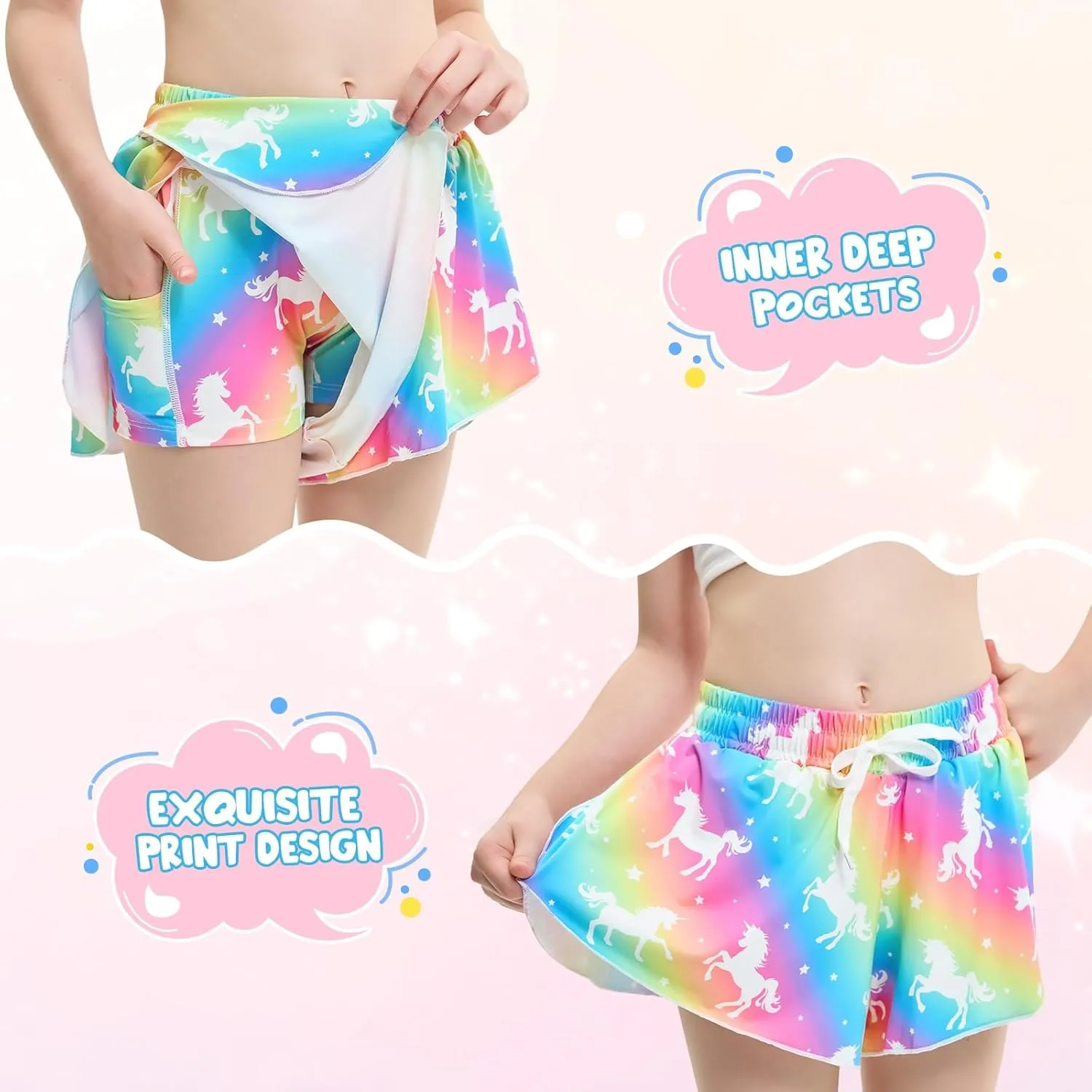 Girls Butterfly Shorts Unicorn Running Shorts 2 in 1 Flowy Athletic Shorts Casual Skirt for Teens Kids