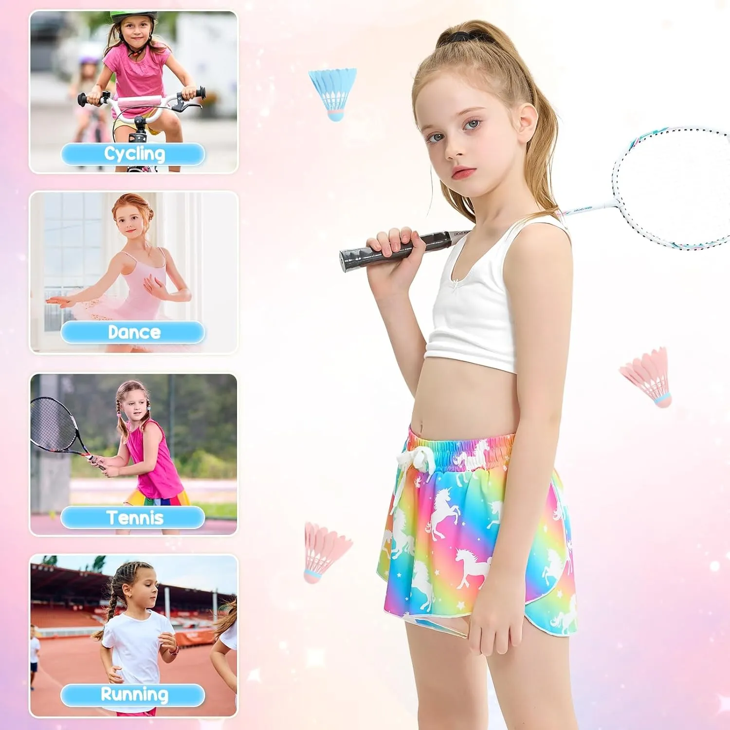 Girls Butterfly Shorts Unicorn Running Shorts 2 in 1 Flowy Athletic Shorts Casual Skirt for Teens Kids