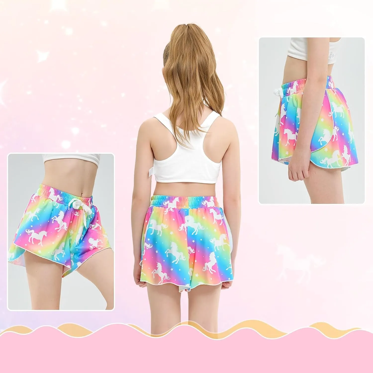 Girls Butterfly Shorts Unicorn Running Shorts 2 in 1 Flowy Athletic Shorts Casual Skirt for Teens Kids