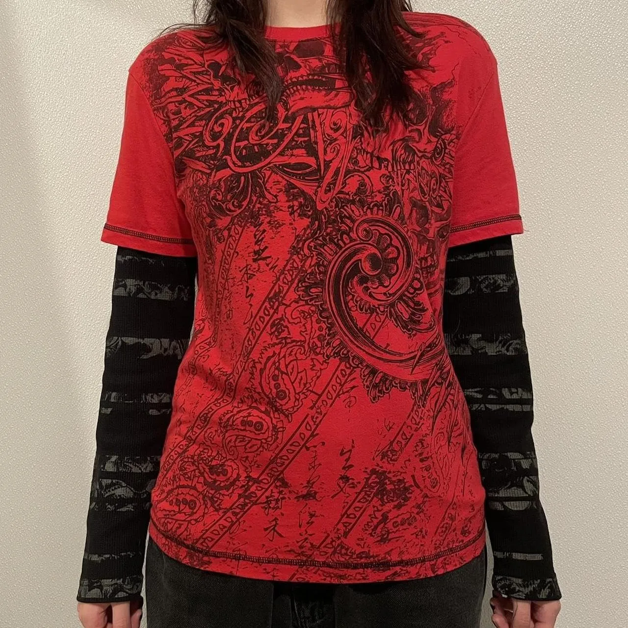 Goth Shirt Gothic Shirt Fake Two-Piece Alternative Clothing Goth Long Sleeve Top Grunge Clothes