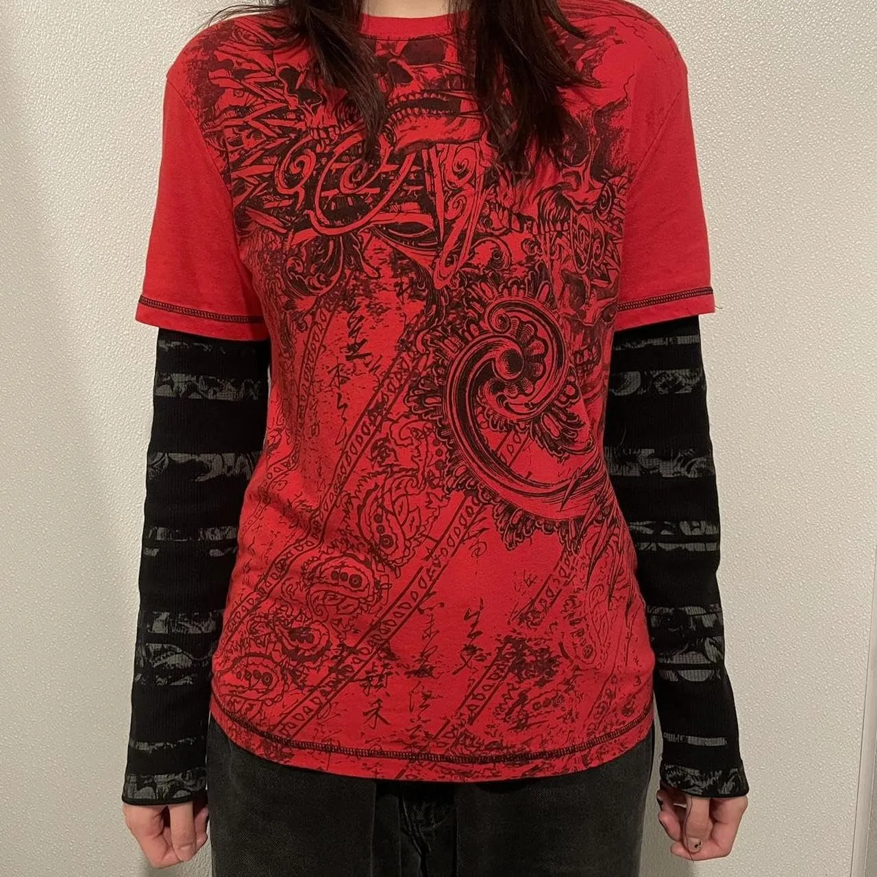 Goth Shirt Gothic Shirt Fake Two-Piece Alternative Clothing Goth Long Sleeve Top Grunge Clothes