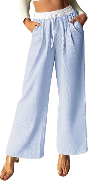 GRACE KARIN Women Cotton Palazzo Pants 2025 Summer Stripe Drawstring Loose Wide Leg Long Trousers with Pockets
