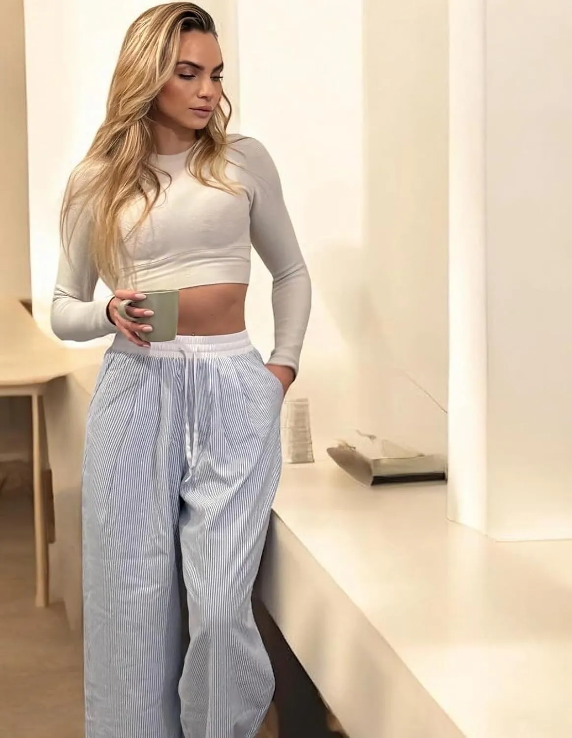 GRACE KARIN Women Cotton Palazzo Pants 2025 Summer Stripe Drawstring Loose Wide Leg Long Trousers with Pockets