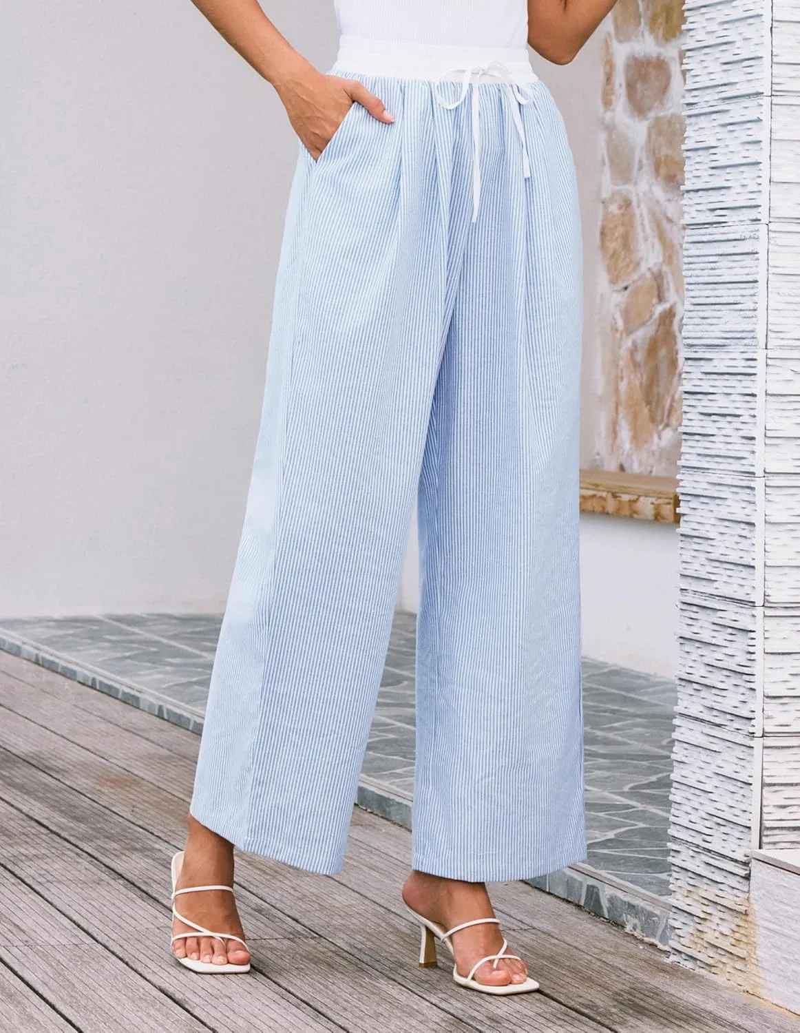 GRACE KARIN Women Cotton Palazzo Pants 2025 Summer Stripe Drawstring Loose Wide Leg Long Trousers with Pockets