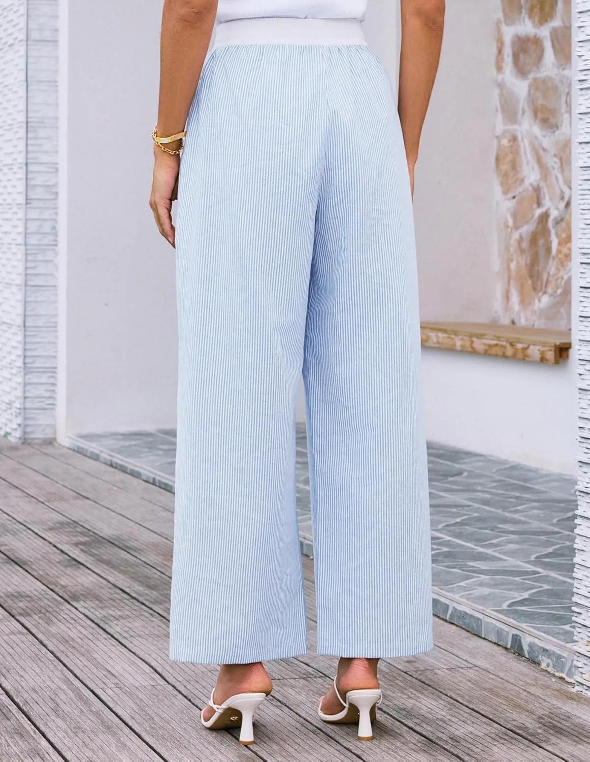 GRACE KARIN Women Cotton Palazzo Pants 2025 Summer Stripe Drawstring Loose Wide Leg Long Trousers with Pockets