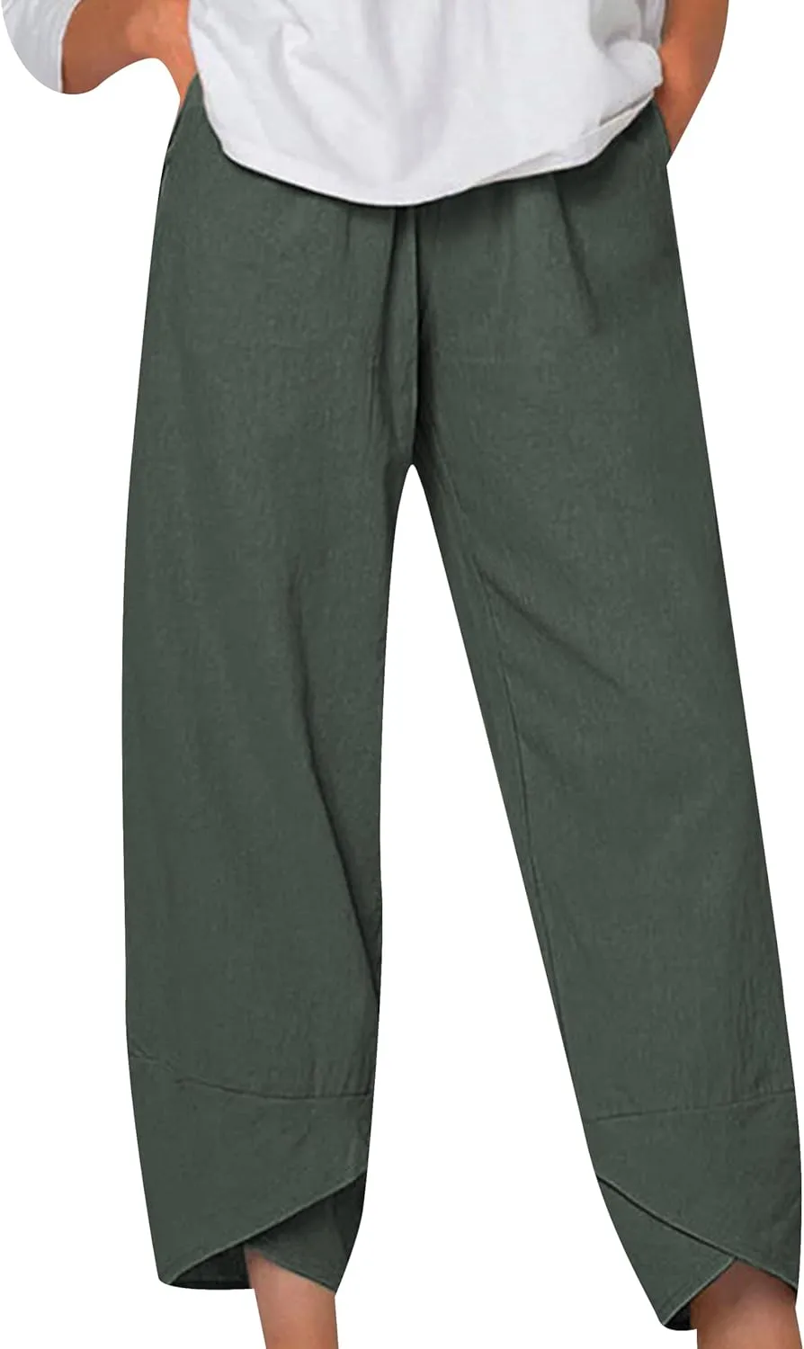 GRASWE Women Wide Leg High Waist Lounge Pants Cropped Solid Color Palazzo Trousers Loose Cotton Linen with Pockets Pants
