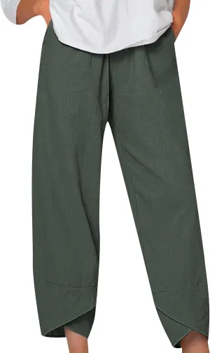 GRASWE Women Wide Leg High Waist Lounge Pants Cropped Solid Color Palazzo Trousers Loose Cotton Linen with Pockets Pants