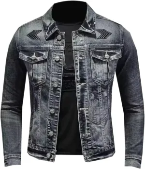 GUOYUXIAO Men'S Vintage Denim Jacket High Street Loose Street Biker Casual Buttoned Lapel Men Coat