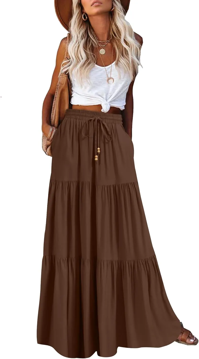 HAEOF Women's Summer Boho Maxi Skirt A-Line Flowy Ruffle Tiered Elastic High Waist Beach Long Skirts with Pockets