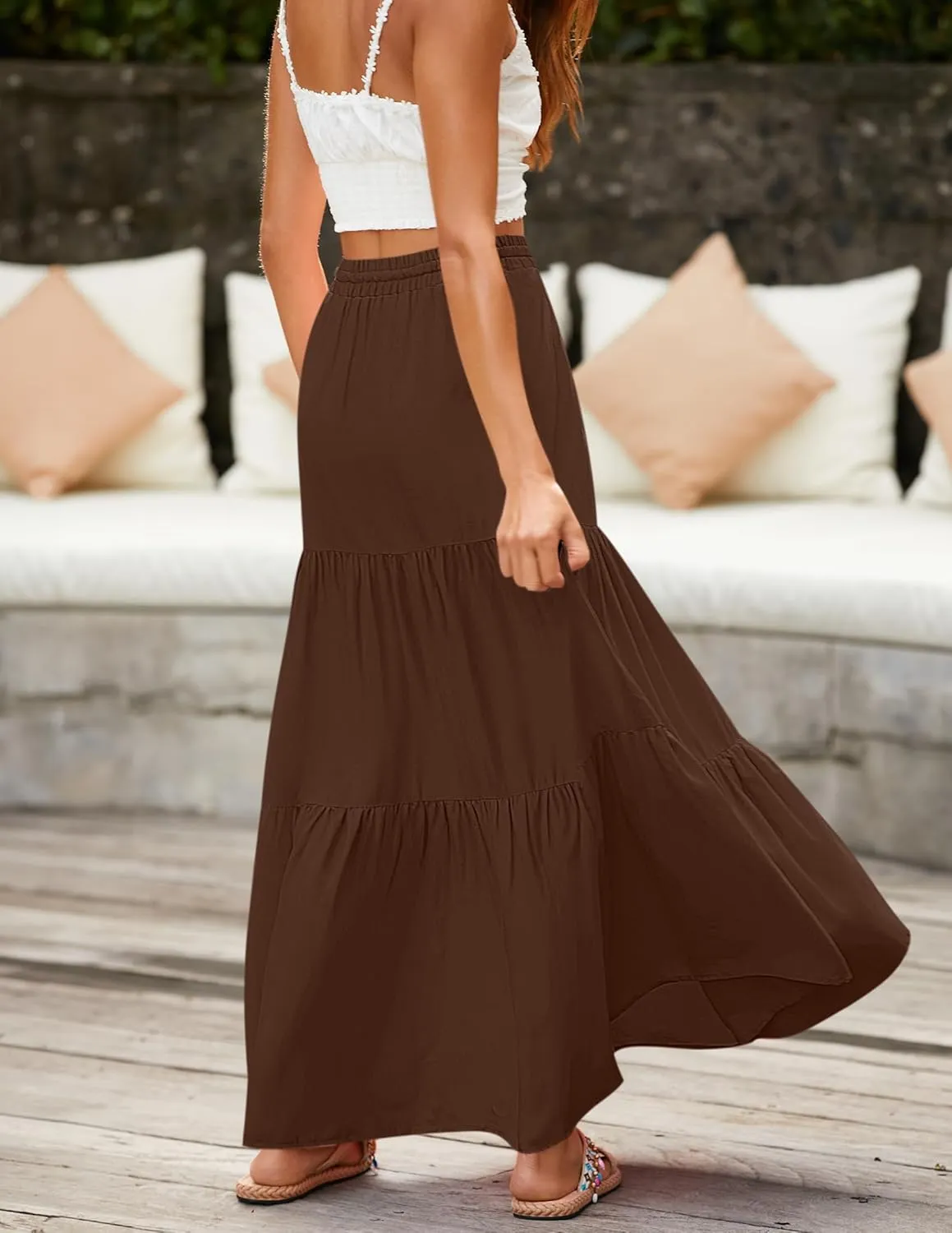 HAEOF Women's Summer Boho Maxi Skirt A-Line Flowy Ruffle Tiered Elastic High Waist Beach Long Skirts with Pockets