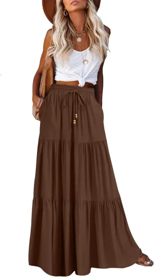 HAEOF Women's Summer Boho Maxi Skirt A-Line Flowy Ruffle Tiered Elastic High Waist Beach Long Skirts with Pockets