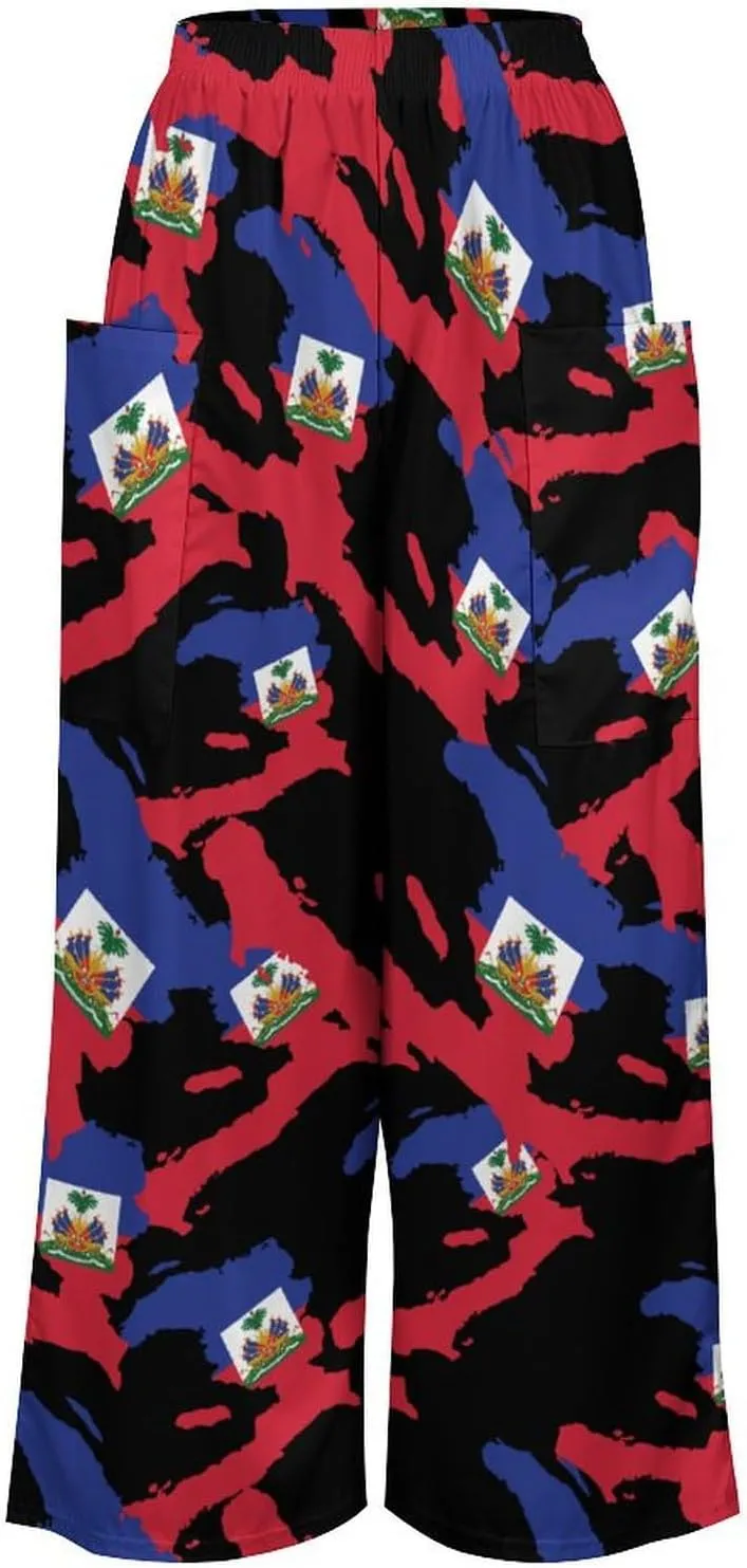 Haitian Flag Map Women's Casual Pants Yoga Loose Wide Legs Trousers with Pockets High Waist