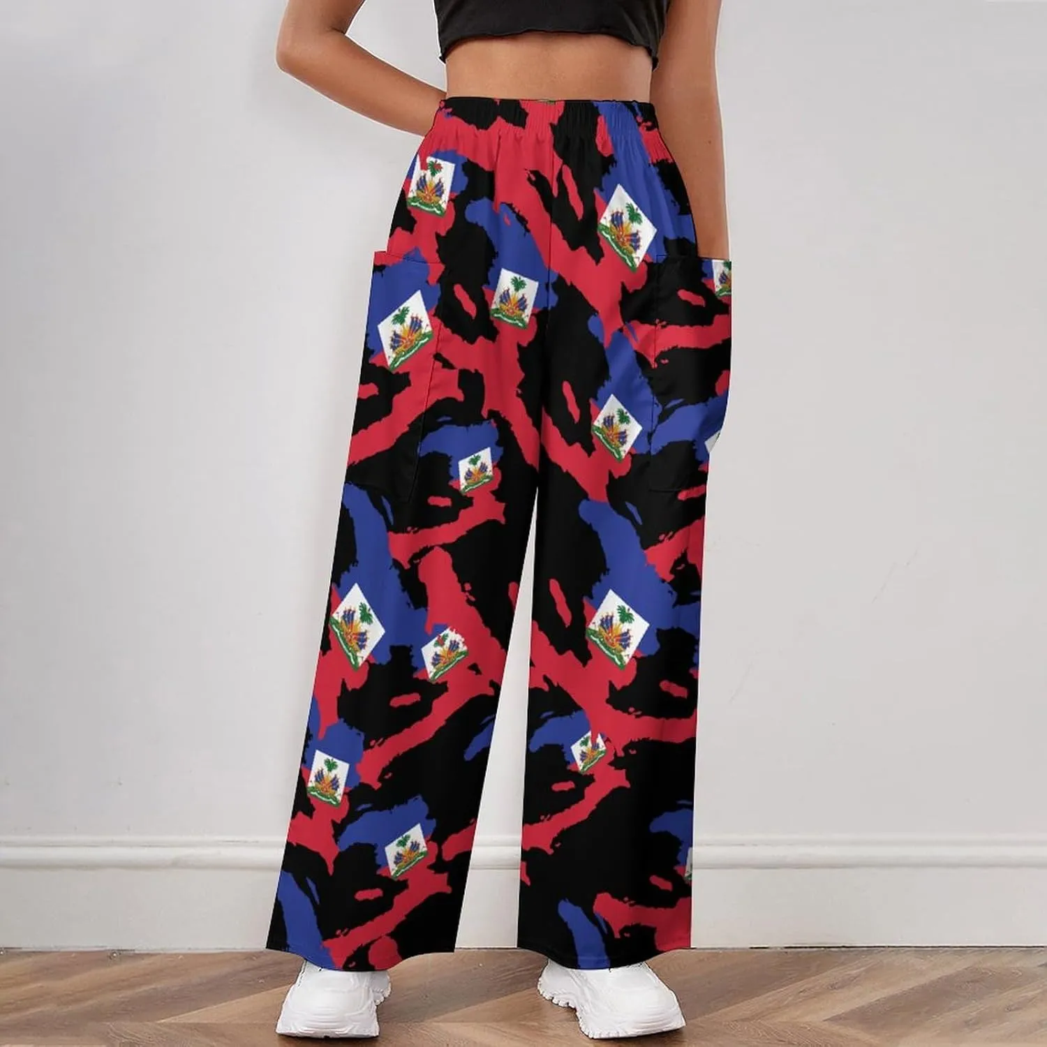 Haitian Flag Map Women's Casual Pants Yoga Loose Wide Legs Trousers with Pockets High Waist