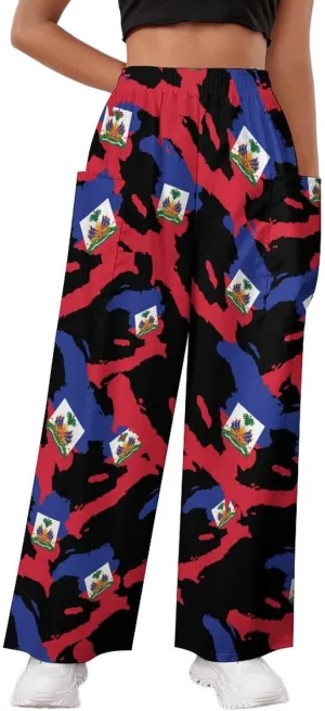 Haitian Flag Map Women's Casual Pants Yoga Loose Wide Legs Trousers with Pockets High Waist