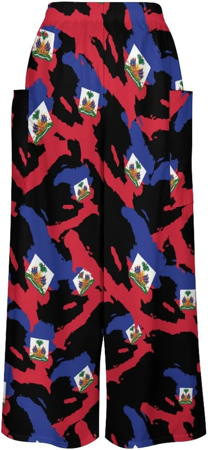 Haitian Flag Map Women's Casual Pants Yoga Loose Wide Legs Trousers with Pockets High Waist