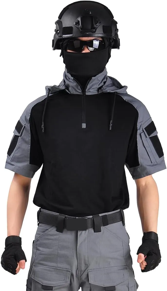 HANWILD Men's Combat Shirts Tactical Short Sleeve Shirt Cargo Military Airsoft T-Shirt with Hood Outdoor