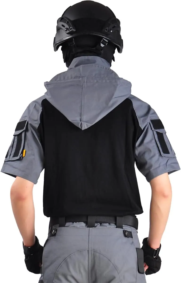 HANWILD Men's Combat Shirts Tactical Short Sleeve Shirt Cargo Military Airsoft T-Shirt with Hood Outdoor