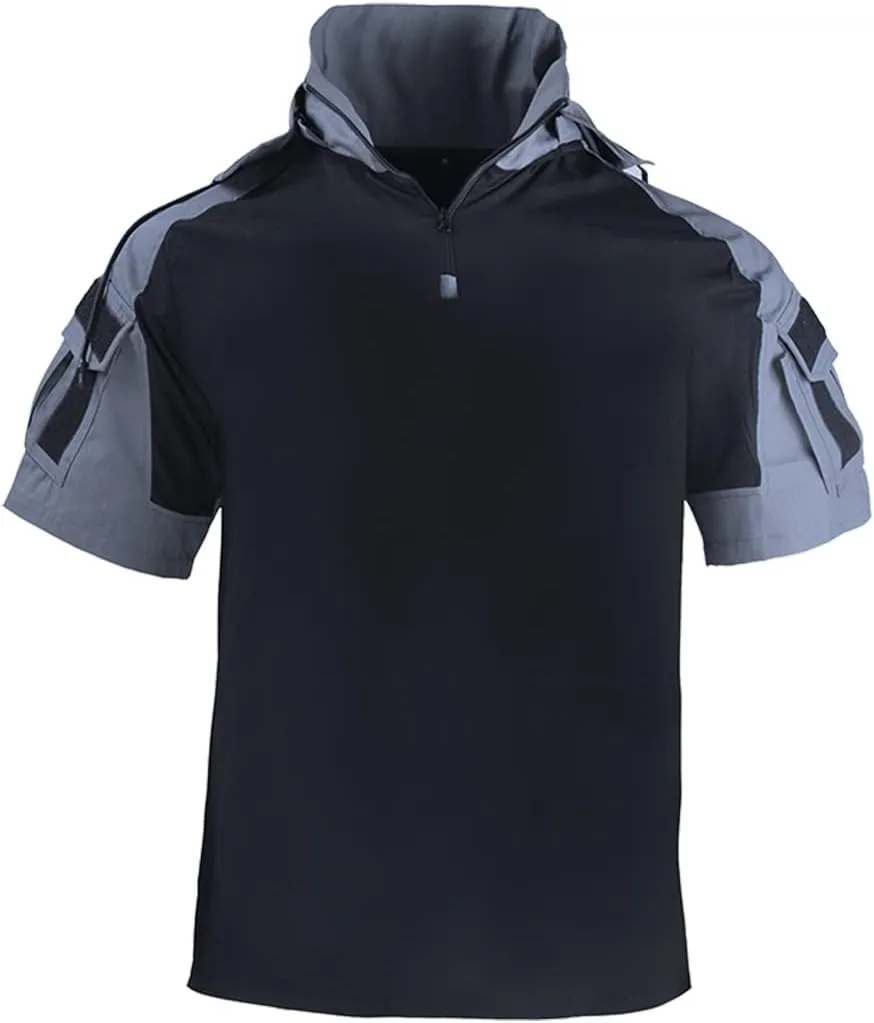 HANWILD Men's Combat Shirts Tactical Short Sleeve Shirt Cargo Military Airsoft T-Shirt with Hood Outdoor
