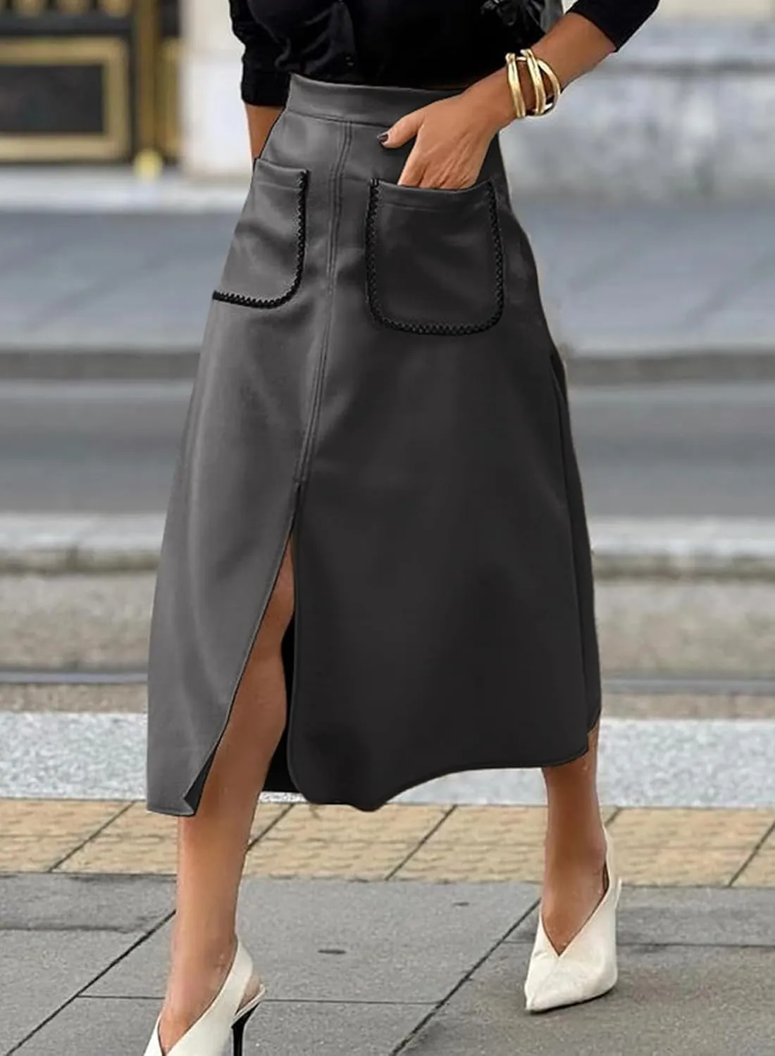 Happy Sailed Women's Faux Suede Skirt Spring Winter Elastic Waist Front Pockets A Line Midi Skirts with Split