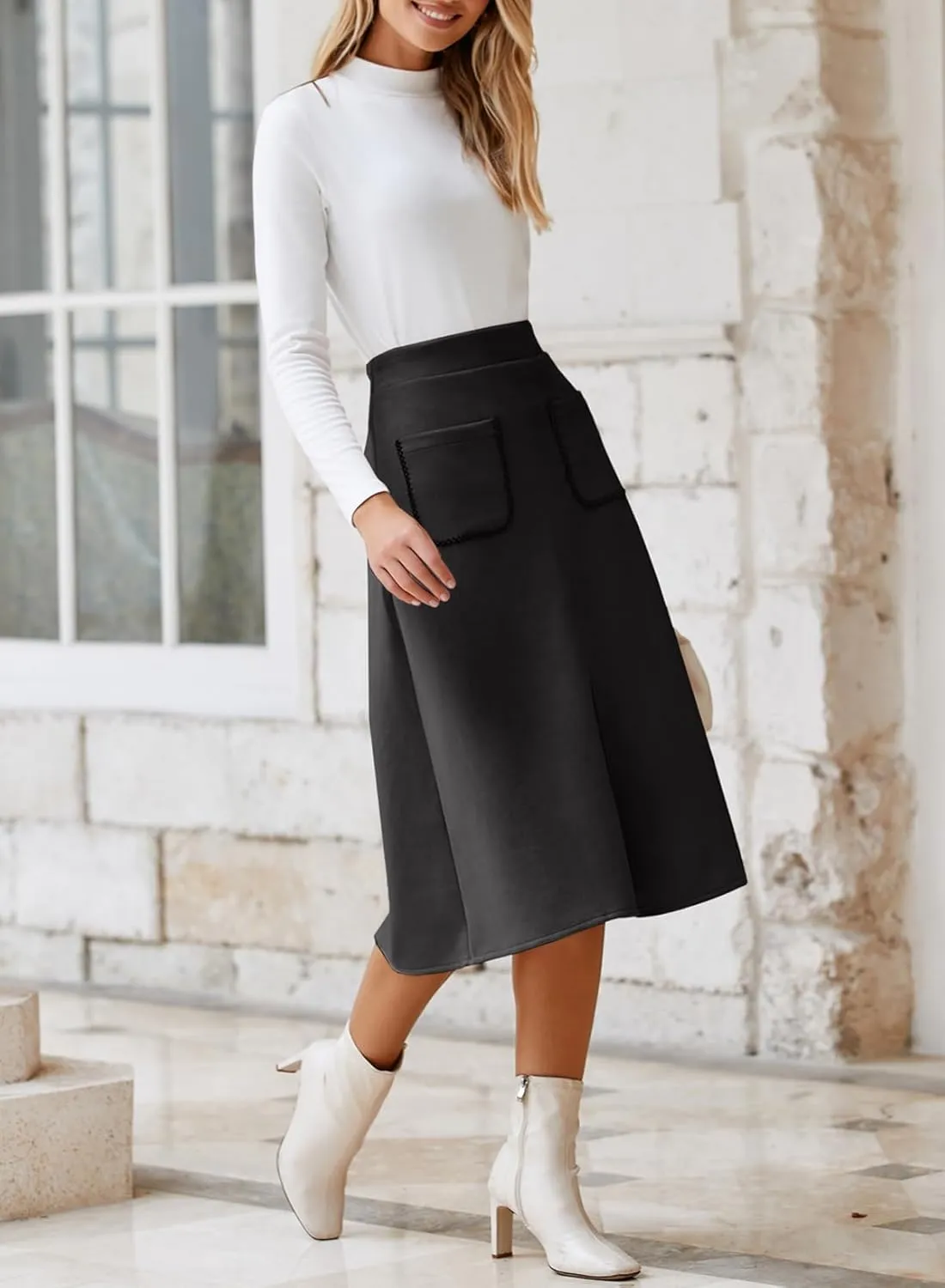 Happy Sailed Women's Faux Suede Skirt Spring Winter Elastic Waist Front Pockets A Line Midi Skirts with Split