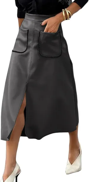 Happy Sailed Women's Faux Suede Skirt Spring Winter Elastic Waist Front Pockets A Line Midi Skirts with Split
