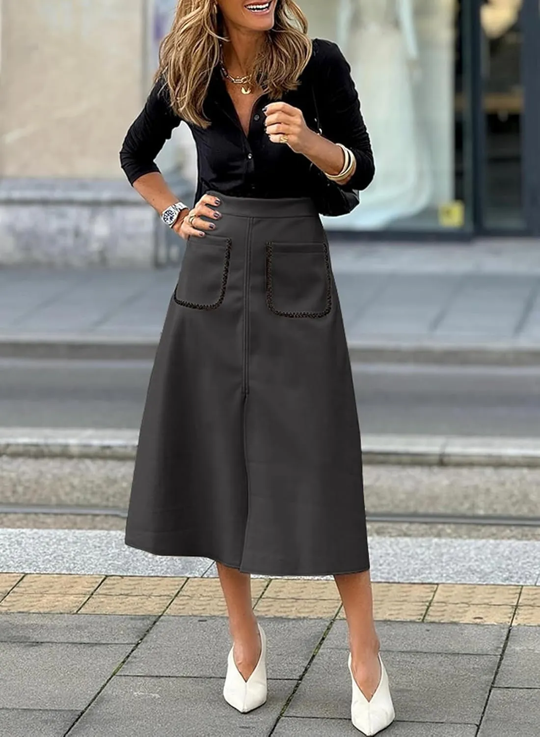 Happy Sailed Women's Faux Suede Skirt Spring Winter Elastic Waist Front Pockets A Line Midi Skirts with Split