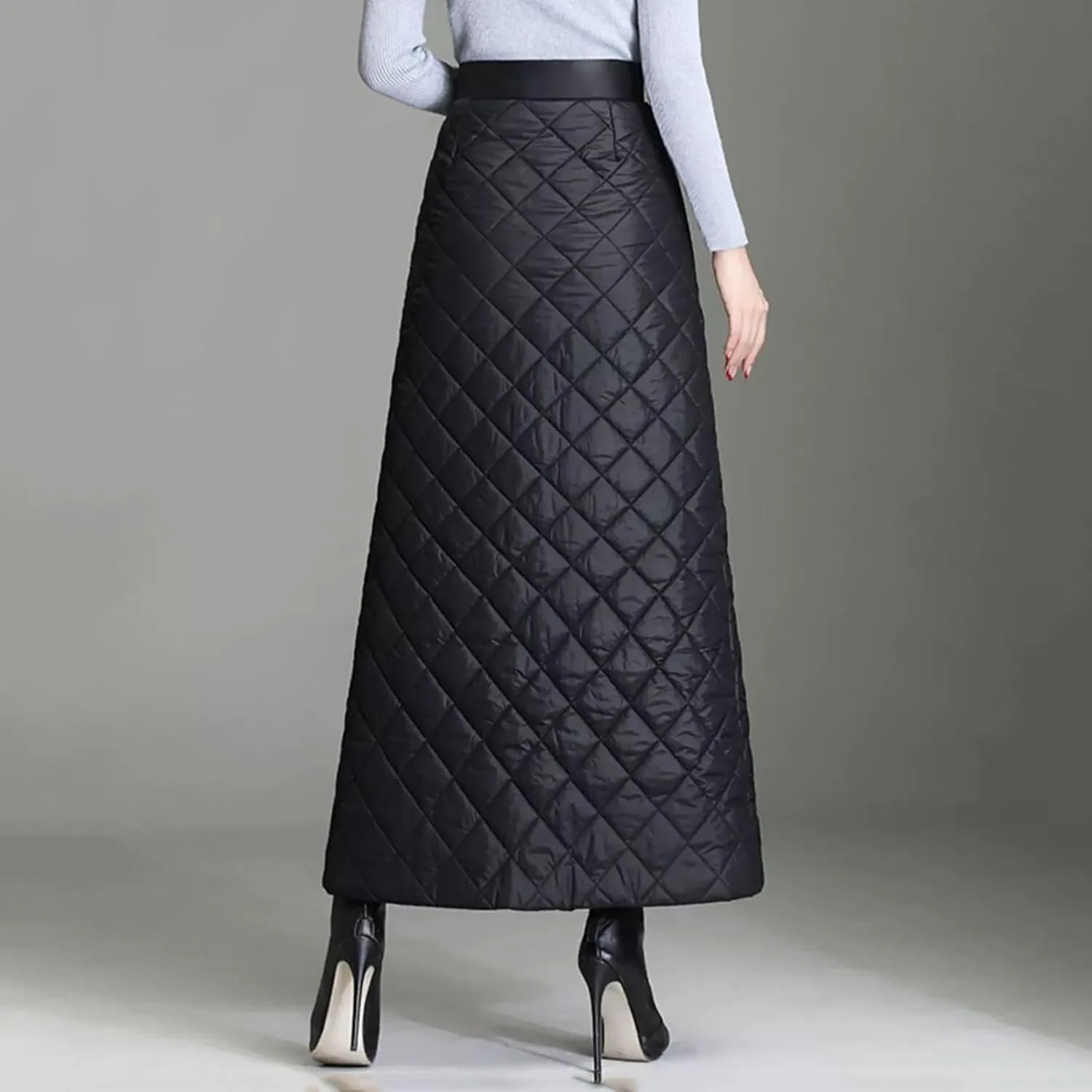 HGps8w Quilted Maxi Skirt for Women Winter Elastic Waist A-Line Insulated Warm Outdoor Snow Long Skirt with Pockets