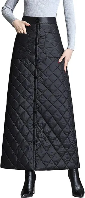 HGps8w Quilted Maxi Skirt for Women Winter Elastic Waist A-Line Insulated Warm Outdoor Snow Long Skirt with Pockets