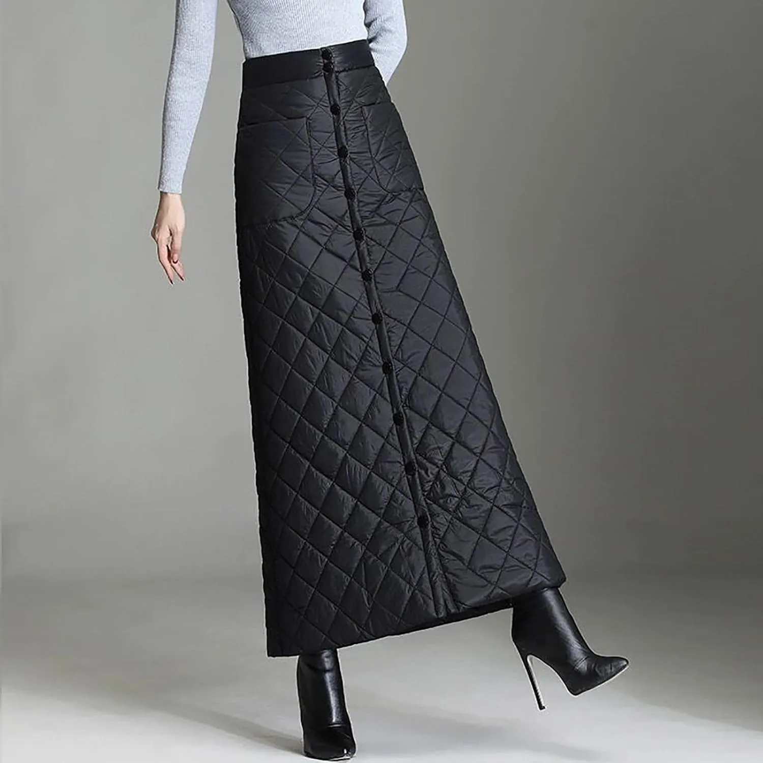 HGps8w Quilted Maxi Skirt for Women Winter Elastic Waist A-Line Insulated Warm Outdoor Snow Long Skirt with Pockets