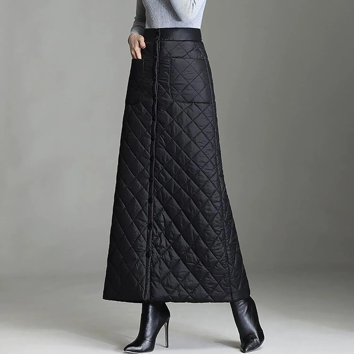 HGps8w Quilted Maxi Skirt for Women Winter Elastic Waist A-Line Insulated Warm Outdoor Snow Long Skirt with Pockets