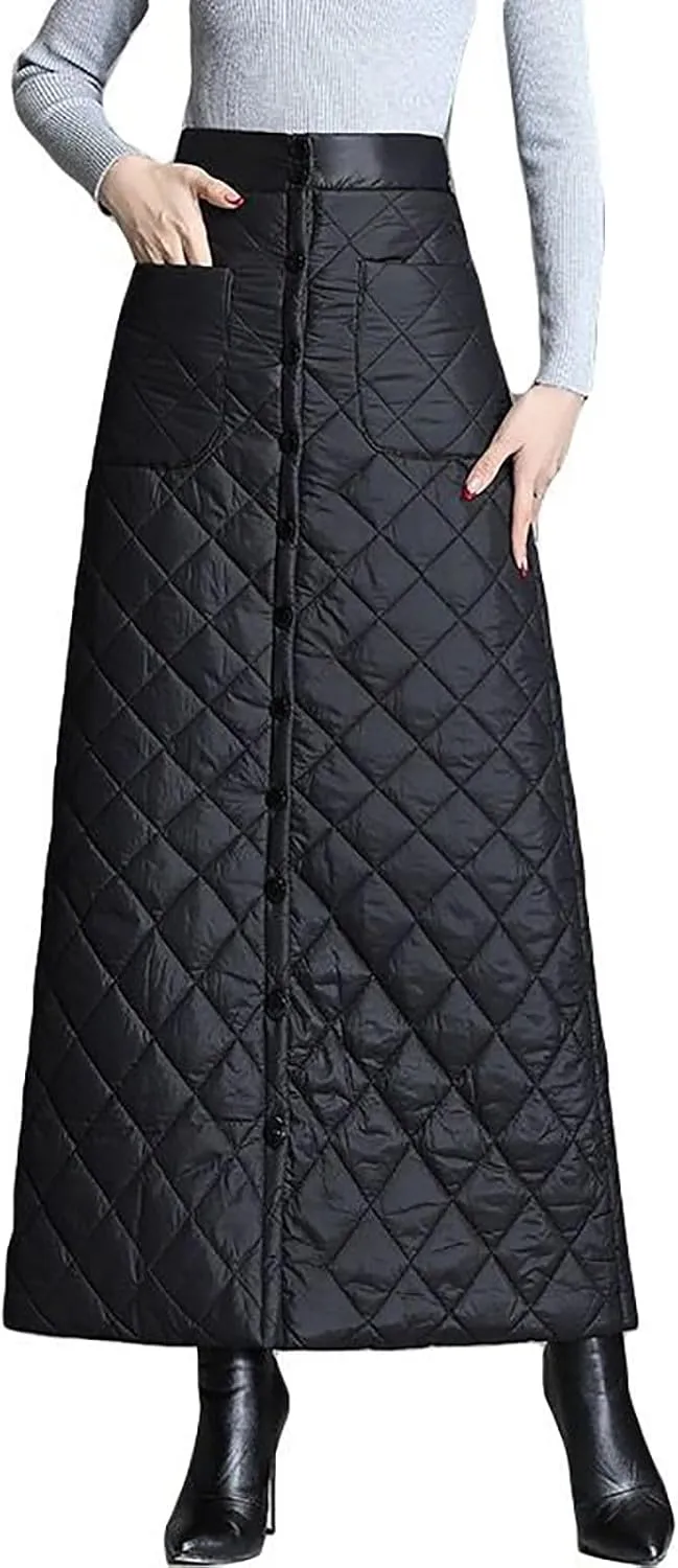 HGps8w Quilted Maxi Skirt for Women Winter Elastic Waist A-Line Insulated Warm Outdoor Snow Long Skirt with Pockets