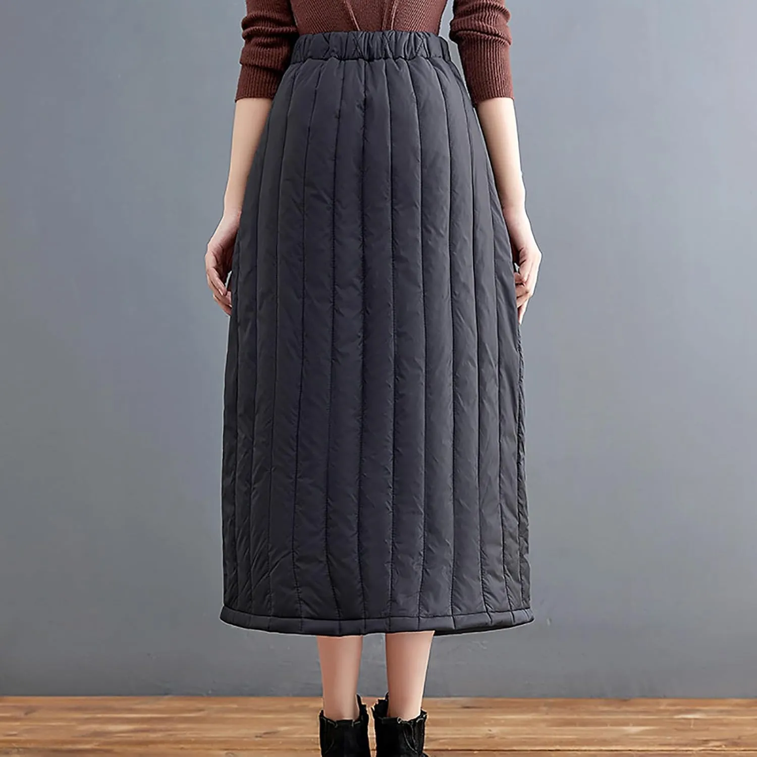 HGps8w Winter Quilted Long Skirt for Women Elastic Waist A-Line Insulated Warm Outdoor Snow Midi Skirt with Pockets