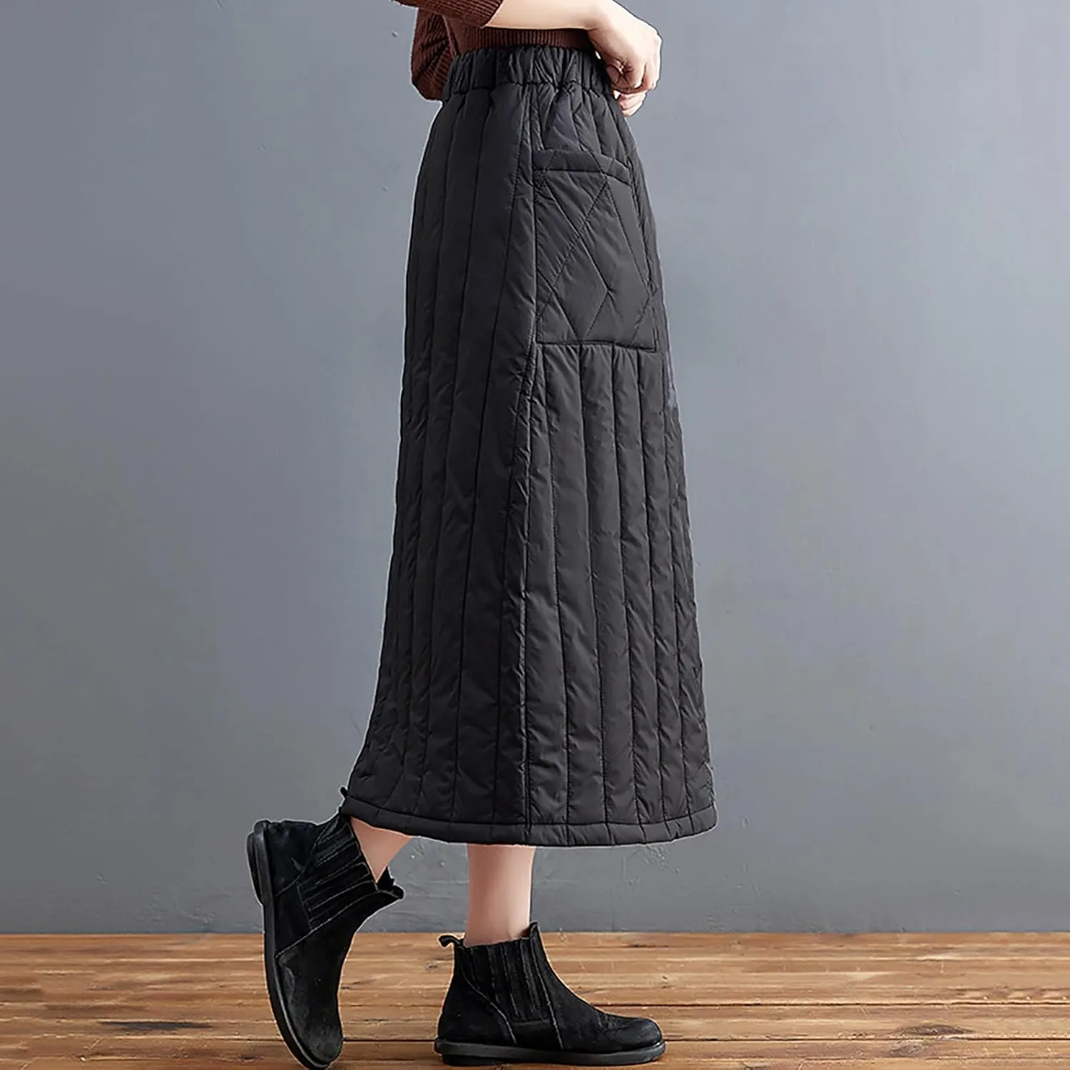 HGps8w Winter Quilted Long Skirt for Women Elastic Waist A-Line Insulated Warm Outdoor Snow Midi Skirt with Pockets