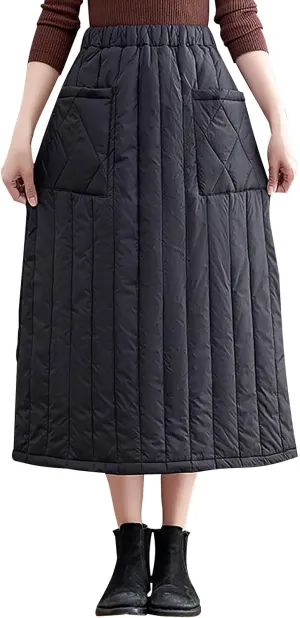 HGps8w Winter Quilted Long Skirt for Women Elastic Waist A-Line Insulated Warm Outdoor Snow Midi Skirt with Pockets