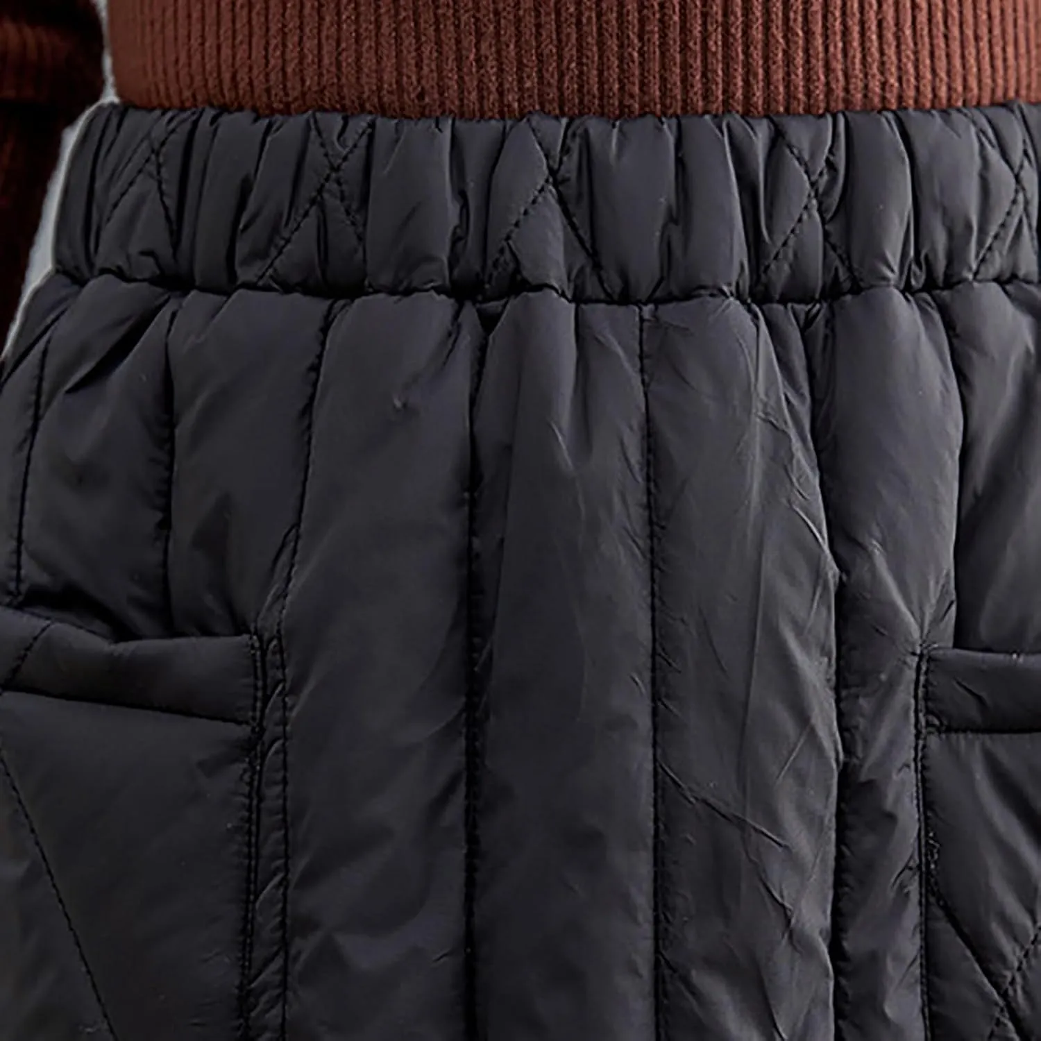 HGps8w Winter Quilted Long Skirt for Women Elastic Waist A-Line Insulated Warm Outdoor Snow Midi Skirt with Pockets