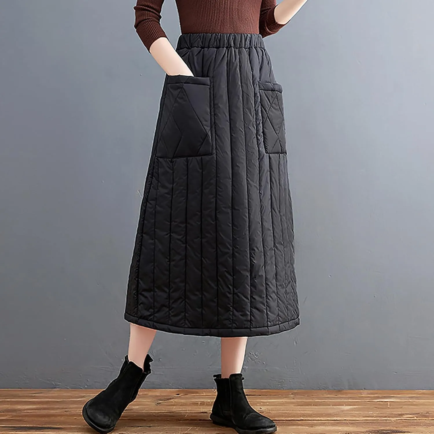 HGps8w Winter Quilted Long Skirt for Women Elastic Waist A-Line Insulated Warm Outdoor Snow Midi Skirt with Pockets