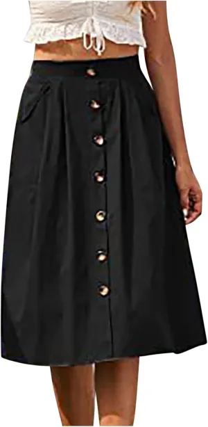 HGps8w Women's Button Front Midi Flare Skirt Casual Elastic High Waist Summer Solid A-Line Swing Skirts with Pockets
