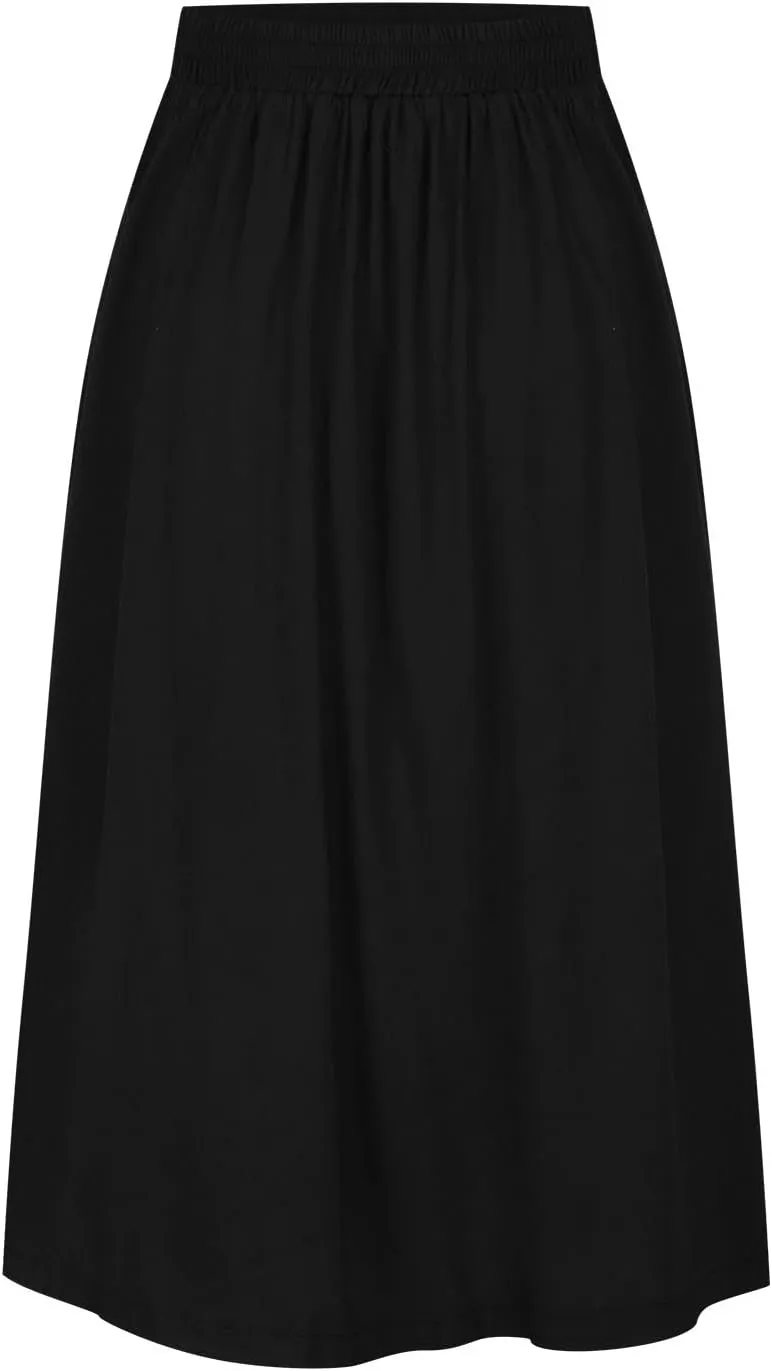 HGps8w Women's Button Front Midi Flare Skirt Casual Elastic High Waist Summer Solid A-Line Swing Skirts with Pockets